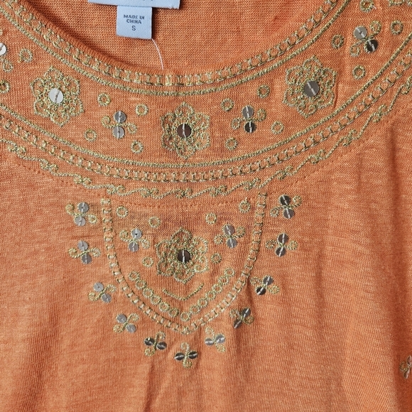 J Jill Love Linen Womens Size Small Orange Linen Sequin Short Sleeve Top - Picture 3 of 11